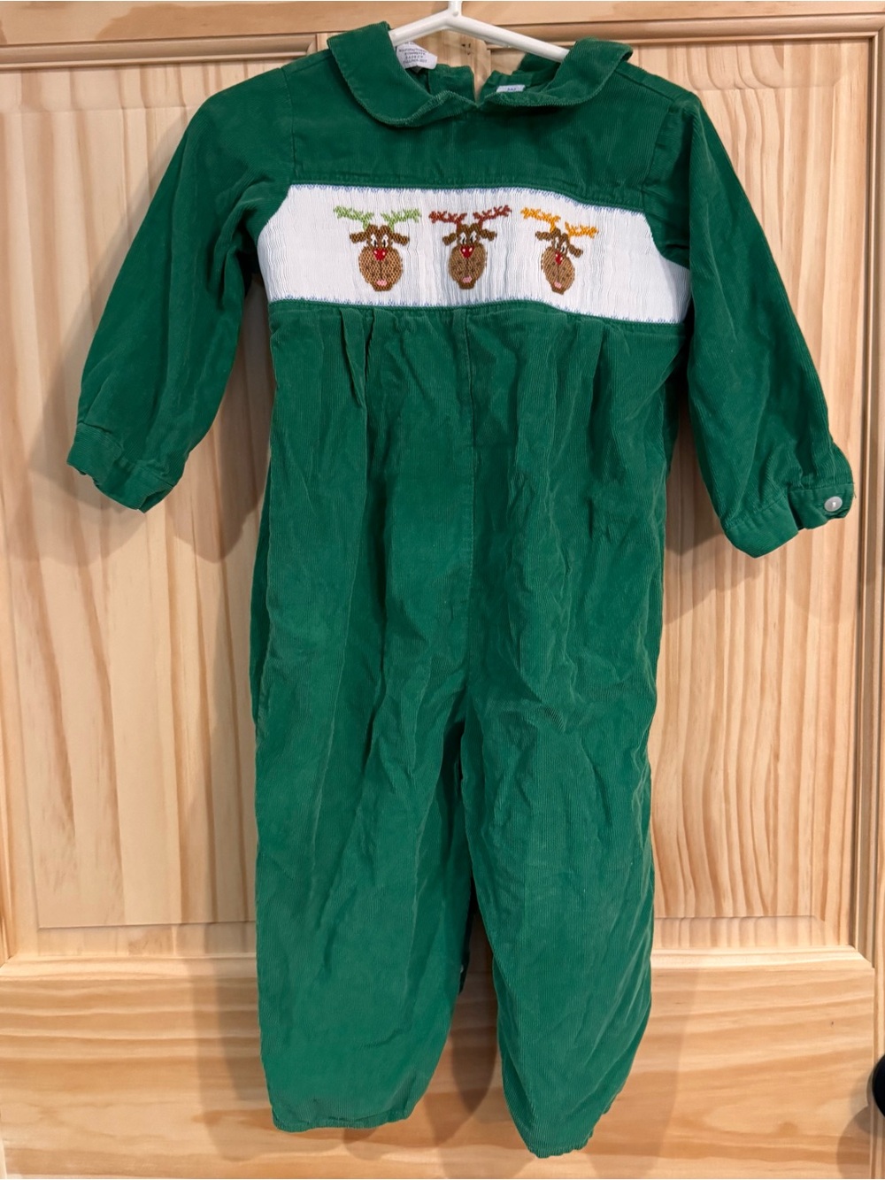 Vive La Fete Kids Green Corduroy Reindeer Smocked Christmas Romper 24M Holiday